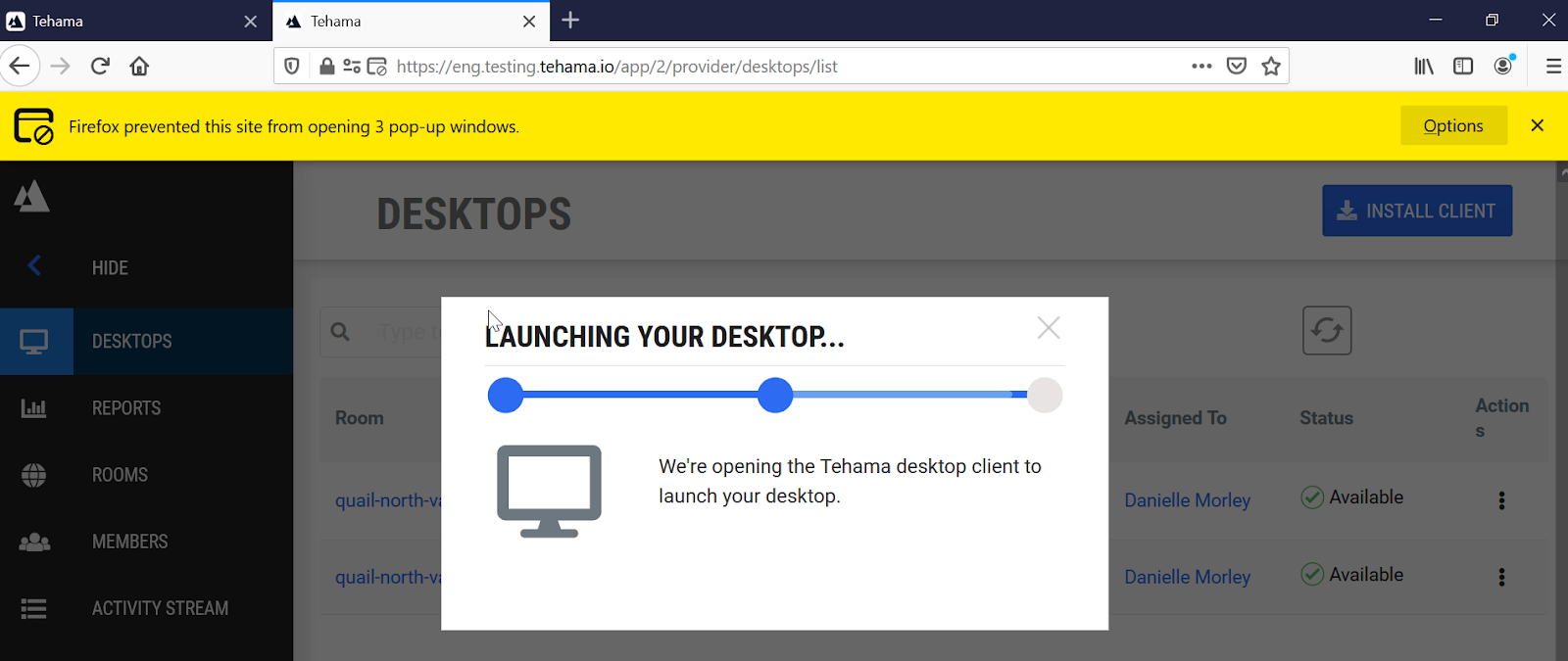 This image shows the Tehama DESKTOPS page open in a Firefox browser with a yellow banner indicating that Firefox is blocking pop-ups.