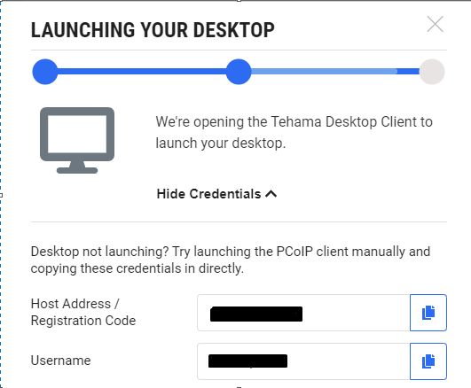 Image of the Launching Your Desktop modal with the credentials showing
