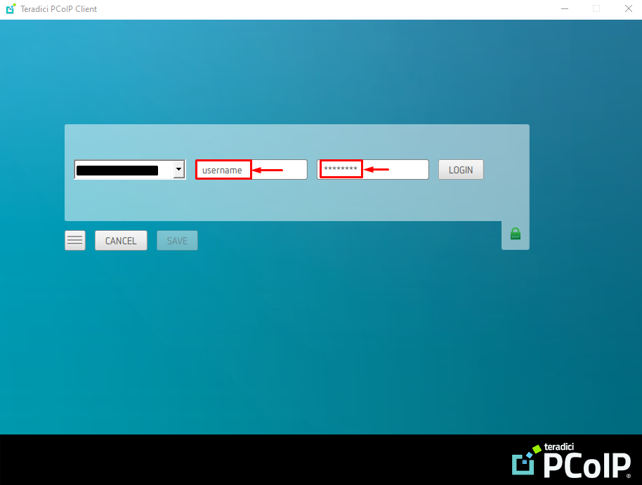 Image of the Teradici PCoIP Client with username and password fields highlighted