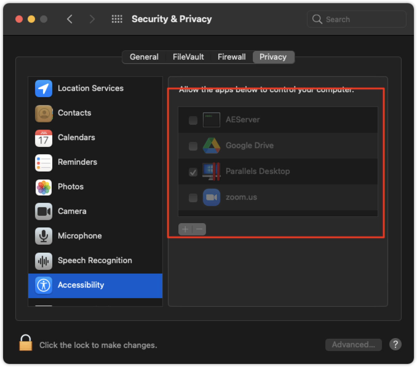 Security and Privacy modal with Accessibility selected and list of apps highlighted