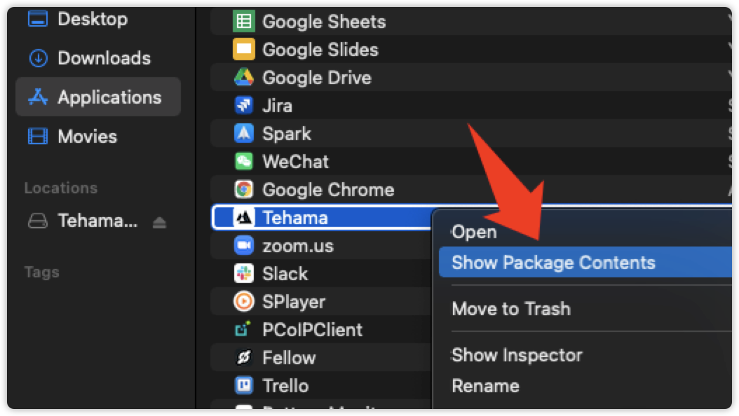 Applications Folder showing the actions dropdown on the Tehama app with the Show Package Contents action highlighted