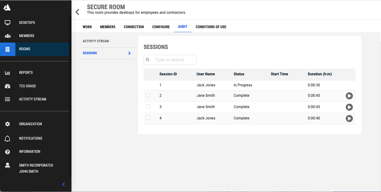 Image showing the Room AUDIT page with a list of desktop sessions